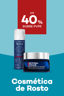 Cosm&eacute;tica Rosto Homem com destaque promocional de at&eacute; 40% sobre pre&ccedil;o de Venda ao P&uacute;blico Recomendado